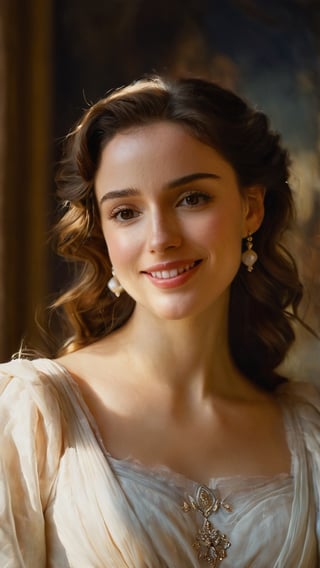 beautiful woman, long white wavy dress with nature and soft ornaments, fairly showing its beautiful skin. blushed cheeks, medium breast, natural face, fantasy, mature, pretty woman, high fantasy, smiling, happy, art by wlop, facing in front (portrait close-up), renaissance painting, 

8k, cinematic lighting, very dramatic, very artistic, soft aesthetic, innocent, art by john singer sargent, greg rutkowski, oil painting, Camera settings to capture such a vibrant and detailed image would likely include: Canon EOS 5D Mark IV, Lens: 85mm f/1.8, f/4.0, ISO 100, 1/500 sec,hdsrmr,Movie Still,robert de niro,sad