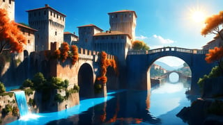 4k, masterpiece, Italian castle city, water, bridges, trees, (trendwhore style:1.4), abstract art, abstract sunlight, abstract   orange and blue theme. sharp details. BREAK highest quality, detailed and intricate, original artwork, trendy, vector art, award-winning, artint, SFW, ,night city,DonMW15pXL,itacstl