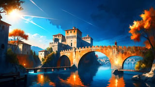 4k, masterpiece, Italian castle city, water, bridges, trees, (trendwhore style:1.4), abstract art, abstract sunlight, abstract   orange and blue theme. sharp details. BREAK highest quality, detailed and intricate, original artwork, trendy, vector art, award-winning, artint, SFW, ,night city,DonMW15pXL,itacstl