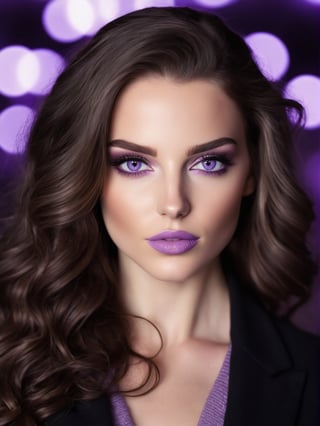 Create a realistic photo of beautiful woman facing the viewer. long brunette wavy hair, lavender eyes, long lashes , light lavender lips, light make up,. wearing dark lavender blazer, black knit sweater. blurred lights. ((((closed mouth)))), 