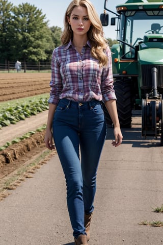 farm girl, masterpiece, high quality, hyper-realistic photography captured with the best camera, 3D, HDR, high definition, bard, farm equipment, vibrant color, cool actress, tight jeans, plaid shirt, fair smooth skin, blond hair,in the style of jclive9988 ,sagging breasts,Masterpiece,