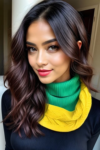 create a beautiful black woman, long brunette hair, lavender eyes, soft red lips, hourglass body, big natural breast, she is looking at camera with sultry smile, exciting, black beauty, age 25, model,photo of perfecteyes eyes,leonardo, wearing yellow scarf, bright blue turtleneck sweater, long hair, perfect body, beautful face, perfect hair 