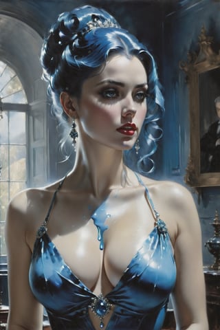 Dramatic light, very beautiful woman, cleavage, blue colors,  ultra detailed mansion living room, full head, perfect hands, Gabriele Dell'otto, Karl Eugen Kiel, Arthur Boyd, Antonio J. Manzanedo, Andre Cohn,dripping paint