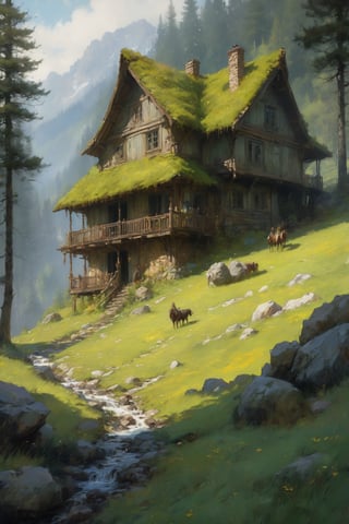 landscape painting of a homestead, nordic elven adventurers, cozy valley, broadleaf forest, ferrotype defects, style of (Jeremy Mann, Louis Icart, Valentin Serov, Makoto Kobayashi, Karol Bak) 