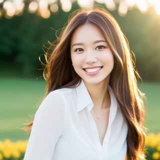 1girl, portrait, close-up, bokeh, golden hour, looking at the camera, masterpiece, accurate, anatomically correct, textured skin, front lighting, using reflectors, f/1.8, 50mm, Canon EOS 5D Mark IV, regina display, super detail, high details, high quality, best quality, highres, UHD, 1080P, HD, 4K, 8K, long straight hair, white blouse, natural landscape,big smile,cute japanese woman