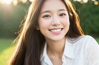 1girl, portrait, close-up, bokeh, golden hour, looking at the camera, masterpiece, accurate, anatomically correct, textured skin, front lighting, using reflectors, f/1.8, 50mm, Canon EOS 5D Mark IV, regina display, super detail, high details, high quality, best quality, highres, UHD, 1080P, HD, 4K, 8K, long straight hair, white blouse, natural landscape,white small tooth,big smile,cute japanese woman