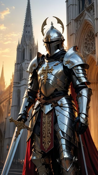 A medieval Christian knight adorned in shining armor, wielding a sword with a cross-shaped hilt, and a shield emblazoned with a glowing crucifix, set against the backdrop of a majestic cathedral at sunset. vibrant colors, MASTERPIECE by Aaron Horkey and Jeremy Mann, masterpiece, best quality, Photorealistic, ultra-high resolution, photographic light, illustration by MSchiffer, fairytale, Hyper detailed