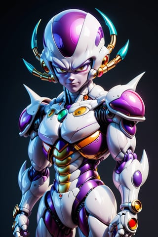 A bio mechanical cyborg frieza, full body shot, plain background, greeble art, fractal art, colorful, a winner photo award, detailed photo, 3d toon style