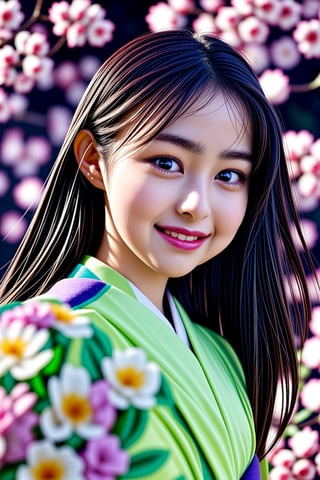 1 girl, solo, Japanese, 24 yo, long hair, shiny green eyes, detailed eyes, blink-and-you'll-miss-it details, purple glowing butterfly, outdoor, flower garden, high quality, red with cherry blossom pattern kimono, floral background, highly detailed, smile, (from below:1.2),<lora:659111690174031528:1.0>