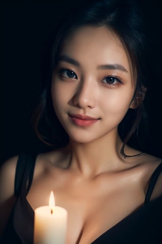 dark light Woman, front Face, Black Background, Right Tiny Candle Light, candles disappear and only light, Bust shot, (large breasts:1.2), smile,
 Makeup, beautiful, detailed eyes, detailed lips,