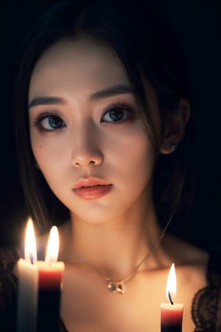 Perfect Dark Woman Front Face Black Background, Right Tiny Candle Light, candles disappear and only light,
Makeup,beautiful,detailed eyes,detailed lips, three quarter Length