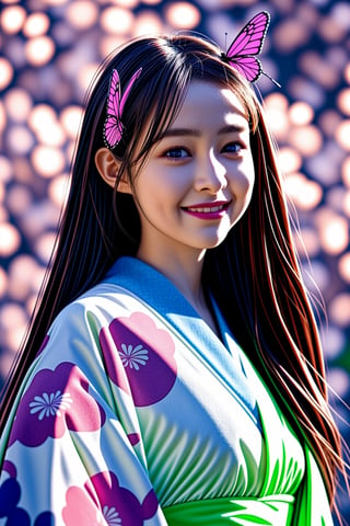 1 girl, solo, Japanese, 24 yo, long hair, shiny green eyes, detailed eyes, blink-and-you'll-miss-it details, purple glowing butterfly, outdoor, flower garden, high quality, red with cherry blossom pattern kimono, floral background, highly detailed, smile,<lora:659111690174031528:1.0>