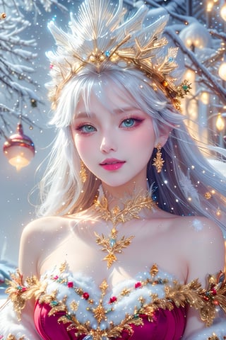 1 girl, 22 yo, 128k female models, Huge breasts:1.2, eyes, ((long hair style)), High resolution, upper body, from below:1.7, detailed background, Studio Lightning, (( snow Queen:1.5)),(( Christmas theme:1.25)), (flower, white and snow theme:1.5), ((elegant style, a gorgeous):1.2), (Christmas costumes:1.4), (Dress decorated with golden embroidery and many jewels:1.4), ((Strapless, Bare shoulders):1.3), Christmas style, tree, green and red background, (Crystal of snow, snowflakes are falling)