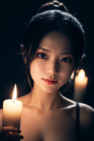 dark light Woman, front Face, Black Background, Right Tiny Candle Light, candles disappear and only light, Bust shot, (large breasts:1.2), Half-smile,
 Makeup, beautiful, detailed eyes, detailed lips,