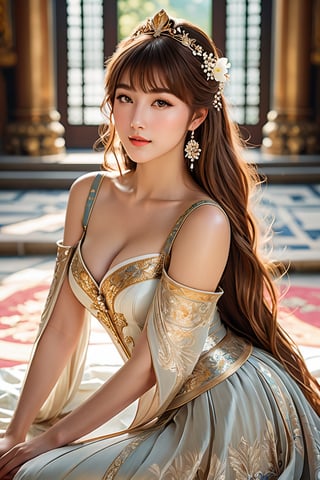 (full body:1.9), A majestic goddess blooms in a lavish palace setting. She sits serene, her long chestnut hair framing her face with high bangs. Her eyes, radiant with light brown hues and highlights in the pupils, gaze upward as her chin subtly tilts towards the sky. Plump cheeks and lips curve into a gentle smile, illuminating her small, exquisite features. Delicate Dutch-inspired brushstrokes bring her physiologically correct body to life, set against an out-of-focus background with shallow depth of field. The 350mm telephoto lens captures every detail in stunning 8K resolution, with noise removed for unparalleled realism. Her skin glows with a subtle shine, as if kissed by the divine. Unreal Engine's precision rendering brings this digital masterpiece to life, showcasing her enchanting beauty.