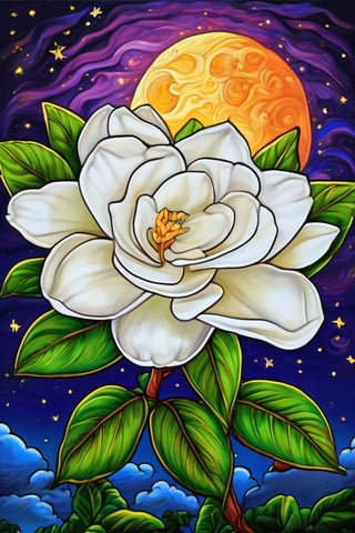 (A masterpiece), A beautiful Gardenia flower, vivid color, under a stary night sky, a vivid full moon, blacklight style.