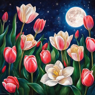 (A masterpiece),  A beautiful Gardenia flower,  tulips flower, vivid color,  under a stary night sky,  a vivid moon light