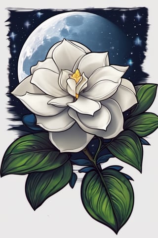 (A masterpiece), A beautiful Gardenia flower, vivid color, under a stary night sky, a vivid full moon, gothic style,