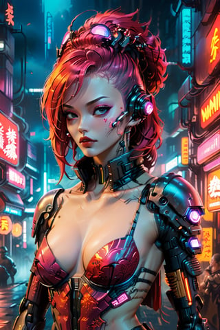 Cyberpunk artwork inspired by NAMI from ONE PIECE,  set in a sexy futuristic fashion cyberpunk universe. Emphasize her seductive allure,  beautiful face,  perfect eyes,  perfect nose shape,  perfect lips,  perfect hands , vibrant RED foliage,  neon-lit cityscape,  and intricate cybernetic enhancements. Capture the essence of danger and allure in this cyberpunk masterpiece.,cyberpunk style,cyberpunk