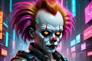 Cyberpunk artwork inspired by Pennywise from the movie IT, set in a futuristic fashion cyberpunk universe. Emphasize his psycho allure, scary face, perfect eyes, perfect nose shape, perfect lips, perfect hands, vibrant Multi-Color foliage, neon-lit cityscape, and intricate cybernetic enhancements. Capture the essence of danger and allure in this cyberpunk masterpiece., cyberpunk style