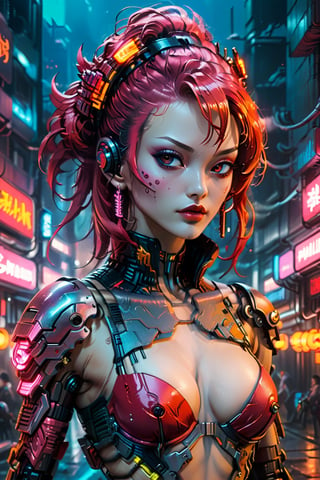 Cyberpunk artwork inspired by NAMI from ONE PIECE,  set in a sexy futuristic fashion cyberpunk universe. Emphasize her seductive allure,  beautiful face,  perfect eyes,  perfect nose shape,  perfect lips,  perfect hands , vibrant RED foliage,  neon-lit cityscape,  and intricate cybernetic enhancements. Capture the essence of danger and allure in this cyberpunk masterpiece.,cyberpunk style,cyberpunk