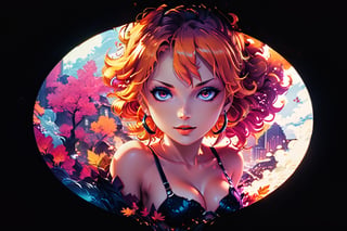 Create a mesmerizing artwork inspired by Nami from One Piece,  set in a aesthetic universe,  Emphasize her seductive allure, big boobs, beautiful face, perfect eyes, perfect nose shape, perfect lips, perfect hands ,vibrant Orange foliage, neon-lit cityscape, and intricate retro enhancements. Capture the essence of danger and allure in this aesthetic masterpiece., retro aesthetic style,detailmaster2,p3rfect boobs