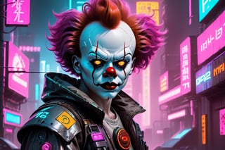 Cyberpunk artwork inspired by Pennywise from the movie IT, set in a futuristic fashion cyberpunk universe. Emphasize his psycho allure, scary face, perfect eyes, perfect nose shape, perfect lips, perfect hands, vibrant Multi-Color foliage, neon-lit cityscape, and intricate cybernetic enhancements. Capture the essence of danger and allure in this cyberpunk masterpiece., cyberpunk style