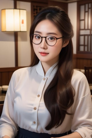 “Create a highly detailed photo realistic masterpiece of an image of a half-body portrait of a 25-year-old Korean woman with strikingly beautiful features. She is wearing elegant spectacles that complement her look. Her long, curvy hair flows gracefully around her shoulders. She is wearing a cheong sam . She have medium breast. The woman is facing the camera, capturing her confident and warm expression. The scene is set in a cozy Chinese restaurant, with soft ambient lighting that accentuates her features. The camera used is a Canon 50mm lens with a wide-open aperture of 1.8, creating a beautiful bokeh effect in the background.