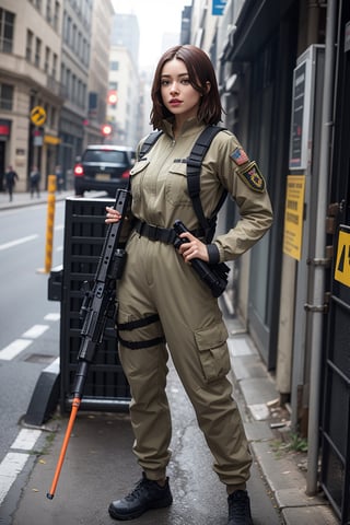 Draw a striking figurine dress in a khaki-colored army jumpsuit. She’s adorned with tactical gear like belts, pouches, and holsters, with an assortment of futuristic weapons, such as a plasma rifle, energy grenades, and a retractable combat knife. Make her stance confident and determined, with a backdrop that complements her role in a high-tech, dystopian world.”