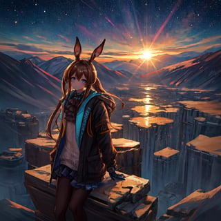 masterpiece,colorful,{best quality},detailed eyes,high constrast,ultra high res.,amidef,
amiya is in a mountain seeing a huge glowing ravine with glowing nebula sky while the sun is setting down with big galaxy like stars.,giving a sad yet with a little hope. ,animal ears