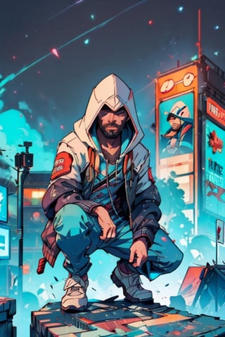 hooded assassin, on top of a building, hidden face, beard, male, night, neon lights, suburb background, 1guy, dark, jacket, short hair, full body shot, posing, crouching, ezio_soul3142