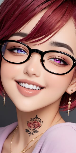 high quality,quality 4k,quality 8k,brown skin,1baby,beautifull baby,parted_lips,pastel lips,heterochromia,great teeth,mouth,mouth open,cute smile,beautifull and detailed eyes and face,aheago face,short_hair,purple red hair,neck tattoo,medium earrings,medium_breasts,breasts up,secretary glasses,sweating,big necklace,medium close-up