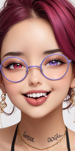 high quality,quality 4k,quality 8k,brown skin,1baby,beautifull baby,parted_lips,pastel lips,heterochromia,great teeth,mouth,mouth open,cute smile,beautifull and detailed eyes and face,aheago face,tongue,tongue out,cum mouth,dripping,short_hair,purple red hair,neck tattoo,medium earrings,medium_breasts,breasts up,secretary glasses,sweating,big necklace,pothografic potrait,hands on cheeks,