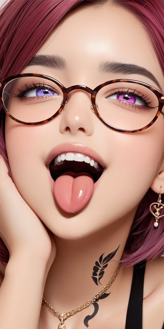 high quality,quality 4k,quality 8k,brown skin,1baby,beautifull baby,parted_lips,pastel lips,heterochromia,great teeth,mouth,mouth open,cute smile,beautifull and detailed eyes and face,aheago face,tongue out,cum mouth,short_hair,purple red hair,neck tattoo,medium earrings,medium_breasts,breasts up,secretary glasses,sweating,big necklace,medium close-up,hands on face