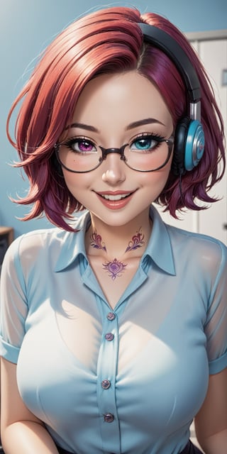 1baby,beautifull baby,parted_lips,heterochromia,great teeth,half open mouth,cute smile,beautifull and detailed eyes and face,nose,nose_piercing,blushed face,short_hair,purple red hair,neck tattoo,medium earrings,medium_breasts,breasts up,small headphones,secretary glasses,