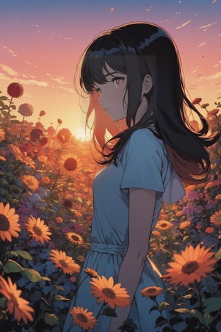 comic masterpiece,1girl, dense flowers, at Sunset, Bokeh, Horror, split lighting, Zoom lens , vibrant, highly detailed, moe