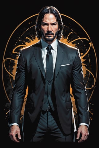 dark, gritty, realistic, mix of bold dark lines and loose lines, bold lines, on paper, turnaround character sheet, a stunningly beautiful (masterpiece, best quality:1.3), (2d:1.3), ink (medium), t-shirt design, black background, Full body, 2D illustration, John Wick, black color, (sharp lines), lines of bold ink, strong outlines, bold strokes, high contrast, (professional vector), best quality, flat colors, flat lights, no shadows, low levels, (gunpowder explosions), arcane symbols, runes, dark theme, Perfect composition golden ratio, masterpiece, best quality, 4k, sharp focus. Better hand, perfect anatomy, ((safe for work))