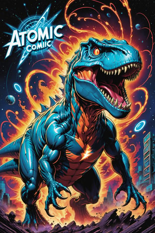 midshot, cel-shading style, centered image, ultra detailed illustration of the comic character (( a Very detailed illustration of a ((best quality)), ((masterpiece)), (detailed), Vibrant digital art, a futuristic comic book cover featuring the bold, neon-lit words ((("Atomic Comic"in text ))), (((emblazoned across the top in a retro-futuristic font))), set against a radiant, electric blue background that seems to pulse with energy, as a majestic, fiery-orange Tyrannosaurus Rex, its eyes aglow with an otherworldly intensity, bursts forth from the depths of a swirling, cosmic vortex, surrounded by swirling tendrils of atomic symbols and stardust, all rendered in a stunning, high-contrast, hyper-saturated color palette. , mesmerizing  vector , simple background, makeup, (((full body) action pose, wlop, Glenn Brown, Carne Griffiths, Alex Ross, artgerm and james jean bangs, by Todd McFarlane)), posing,(((Full Body))), ((neon glow in the background)), accent colors, (tetradic colors), inkpunk, ink lines, strong outlines, art by MSchiffer, bold traces, unframed, high contrast, cel-shaded, vector, 4k resolution