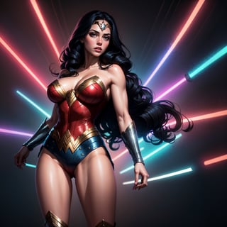 Wonder Woman (big tits) masterpiece, best quality, ((abstract, psychedelic, neon, background)),(creative:1.3), sy3, SMM, fantasy00d