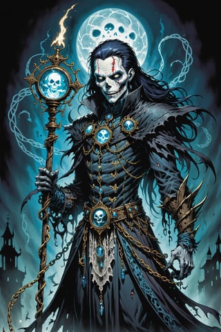 midshot, cel-shading style, centered image, ultra detailed illustration of the comic character ((female Spawn Victorian horror theme, a character of a spectral figure known as the "Haunted Harbinger", a ghostly apparition of a long-dead aristocrat, wears a tattered once-opulent suit adorned with decayed medals and frayed lace, translucent skin glows with an ethereal blue light,  eyes are empty sockets that emit a ghostly mist, chains hang from its wrists and ankles dragging along the ground with a haunting clatter, twisted face in eternal agony, carries a spectral lantern that casts an eerie flickering light by, Todd McFarlane)), posing,  he has black  in traditional Indian attire with a skull emblem, ((holding a spear)), Indian TP in the background)),  (((Full Body))), (tetradic colors), inkpunk, ink lines, strong outlines, art by MSchiffer, bold traces, unframed, high contrast, cel-shaded, vector, 4k resolution, best quality, (chromatic aberration:1.8)