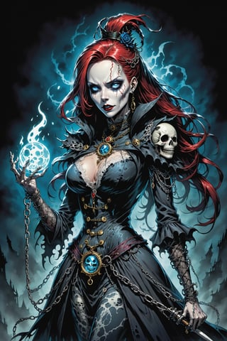 midshot, cel-shading style, centered image, ultra detailed illustration of the comic character ((female Spawn Victorian horror theme, a character of a spectral figure known as the "Haunted Harbinger", a ghostly apparition of a long-dead aristocrat, wears a tattered once-opulent suit adorned with decayed medals and frayed lace, translucent skin glows with an ethereal blue light,  eyes are empty sockets that emit a ghostly mist, chains hang from its wrists and ankles dragging along the ground with a haunting clatter, twisted face in eternal agony, carries a spectral lantern that casts an eerie flickering light by, Todd McFarlane)), posing,  with a skull emblem, ((holding a spear)), (((Full Body))),(((perfect hands))), (((accurate hands))), (((realistic hands))), (tetradic colors), inkpunk, ink lines, strong outlines, art by MSchiffer, bold traces, unframed, high contrast, cel-shaded, vector, 4k resolution, best quality, (chromatic aberration:1.8)