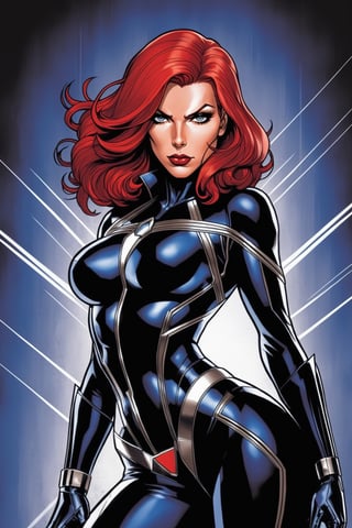 midshot, cel-shading style, centered image, ultra detailed illustration of Black widow, the comic character, posing, (tetradic colors), inkpunk, ink lines, strong outlines, art by MSchiffer, bold traces, unframed, high contrast, cel-shaded, vector, 32k resolution, best quality, (chromatic aberration:1.8)