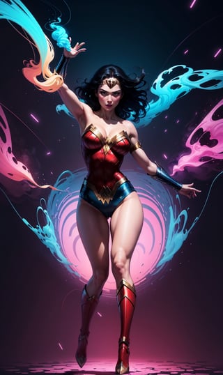 Wonder Woman (big tits),(( flying toward viewer,)),((full body)), masterpiece, best quality, ((abstract, psychedelic, neon, smoke , background)),(creative:1.3), sy3, SMM, fantasy00d