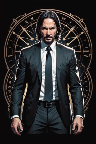 dark, gritty, realistic, mix of bold dark lines and loose lines, bold lines, on paper, turnaround character sheet, a stunningly beautiful (masterpiece, best quality:1.3), (2d:1.3), ink (medium), t-shirt design, black background, Full body, 2D illustration, John Wick, black color, (sharp lines), lines of bold ink, strong outlines, bold strokes, high contrast, (professional vector), best quality, flat colors, flat lights, no shadows, low levels, (gunpowder explosions), arcane symbols, runes, dark theme, Perfect composition golden ratio, masterpiece, best quality, 4k, sharp focus. Better hand, perfect anatomy, ((safe for work))