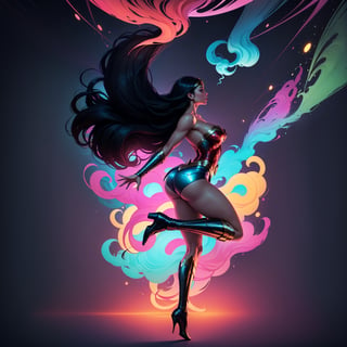 Wonder Woman (big tits),(( side view,)),((full body)),((floating in air)),masterpiece, best quality, ((abstract, psychedelic, neon, smoke , background)),(creative:1.3), sy3, SMM, fantasy00d