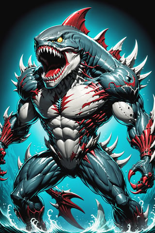 midshot, cel-shading style, centered image, ultra detailed illustration of the comic character ((Spawn , A cyborg Megalodon combines raw natural power with advanced technology. This fearsome creature features a blend of organic scales and sleek metallic components. His limbs are reinforced with steel plating and hydraulic joints, enhancing its strength and agility. Cybernetic eyes glow with a menacing light, capable of night vision and advanced targeting. The Megalodon claws are replaced with razor-sharp. This fusion of beast and machine creates a formidable predator, both in the wild and in combat scenarios.,exosuit, by Todd McFarlane)), posing, with a skull emblem,   (((Full Body))), (tetradic colors), inkpunk, ink lines, strong outlines, art by MSchiffer, bold traces, unframed, high contrast, cel-shaded, vector, 4k resolution, best quality, (chromatic aberration:1.8)