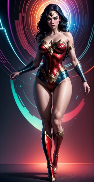 Wonder Woman ((full body)), (big tits) masterpiece, best quality, ((abstract, psychedelic, neon, background)),(creative:1.3), sy3, SMM, fantasy00d