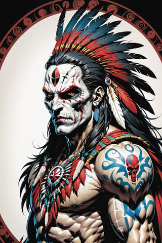 midshot, cel-shading style, centered image, ultra detailed illustration of the comic character ((male Spawn American Indian, by Todd McFarlane)), posing,  he has black  in traditional Indian attire with a skull emblem, ((Half Body)), (tetradic colors), inkpunk, ink lines, strong outlines, art by MSchiffer, bold traces, unframed, high contrast, cel-shaded, vector, 4k resolution, best quality, (chromatic aberration:1.8)