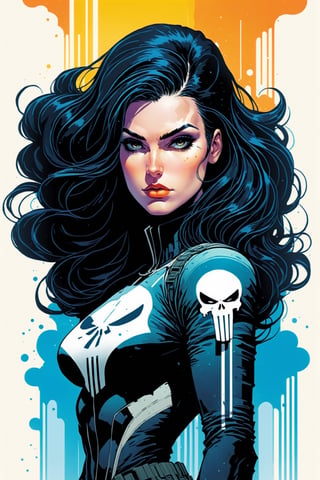 midshot, cel-shading style, centered image, ultra detailed illustration of the comic character, a female Punisher, posing, flowing Maine of black hair, ((Full Body)), (tetradic colors), inkpunk, ink lines, strong outlines, art by MSchiffer, bold traces, unframed, high contrast, cel-shaded, vector, 4k resolution, best quality, (chromatic aberration:1.8)