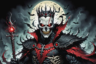 midshot, cel-shading style, centered image, ultra detailed illustration of the comic character (( Spawn   Halloween-style fantasy world image featuring a terrifying undead king with a skull face and glowing red eyes. Envision the king adorned in torn black and red dark clothes, wielding a deadly, sinister spiky weapon. Specify a dark fantasy-style atmosphere with chilling details, capturing the sinister essence of this undead monarch. Request a visually striking composition that blends the elements of horror and fantasy, creating a haunting masterpiece perfect for the Halloween theme by, Todd McFarlane)), posing,  he has black  in traditional Indian attire with a skull emblem, ((holding a A spear)),  (((Full Body))), (((perfect hands))),(((realistic hands))),(((accurate hands))), (tetradic colors), inkpunk, ink lines, strong outlines, art by MSchiffer, bold traces, unframed, high contrast, cel-shaded, vector, 4k resolution, best quality, (chromatic aberration:1.8)